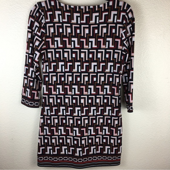 White House Black Market WHBM Tunic Dress Black Red Cream Geo 3/4 Sleeve XS - Picture 5 of 12